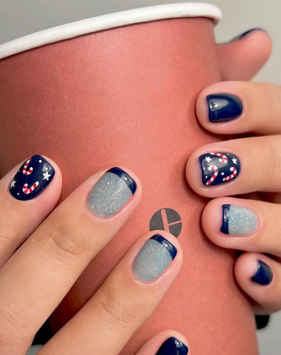 Festive Flourishes in Nail Art : Candy Cane + Shimmery Grey Dark Blue Tips