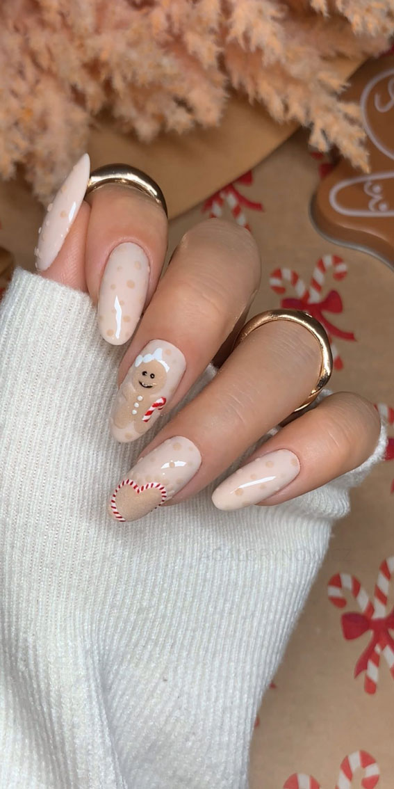 Festive Flourishes In Nail Art : Nude Nails with Gingerbread & Candy Cane