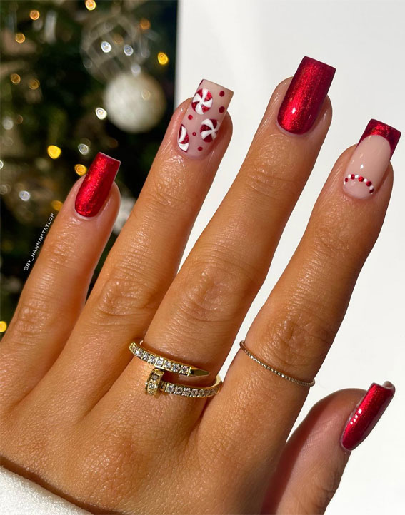 Festive Flourishes in Nail Art : Candy Cane + French Tip Red Nails