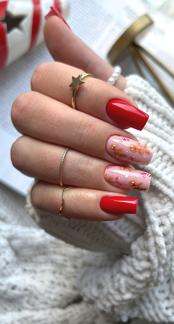 Festive Flourishes In Nail Art : Gingerbread & Candy Cane Red Nails