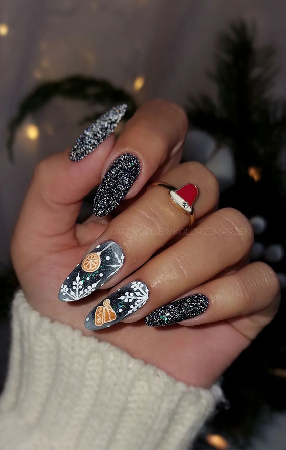 Festive Flourishes In Nail Art : Shimmery Black Nails with Snowflake & Gingerbread