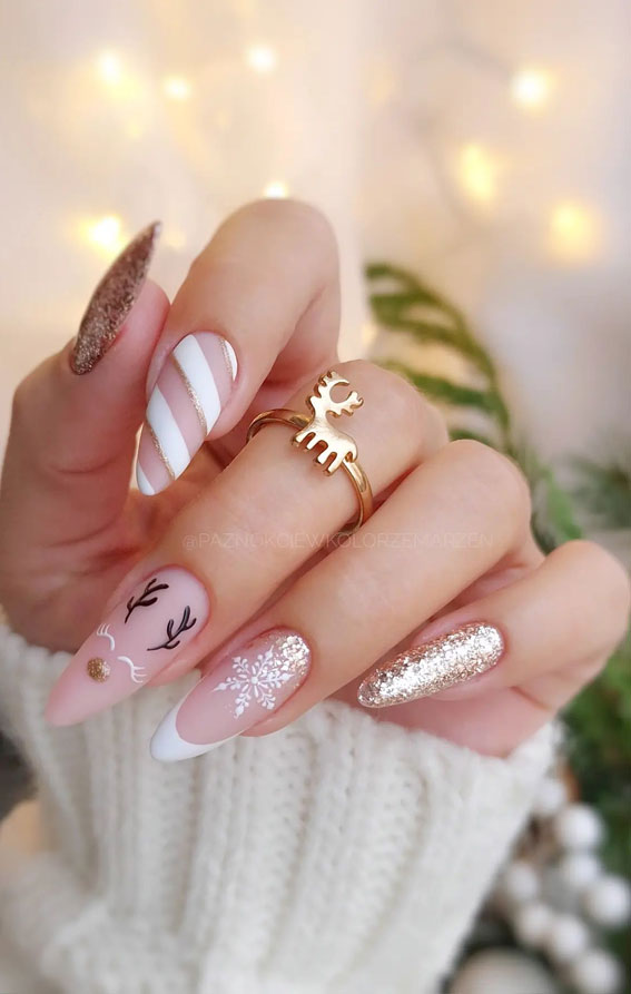 Festive Flourishes In Nail Art : Candy Cane & Reindeer Matte Nails