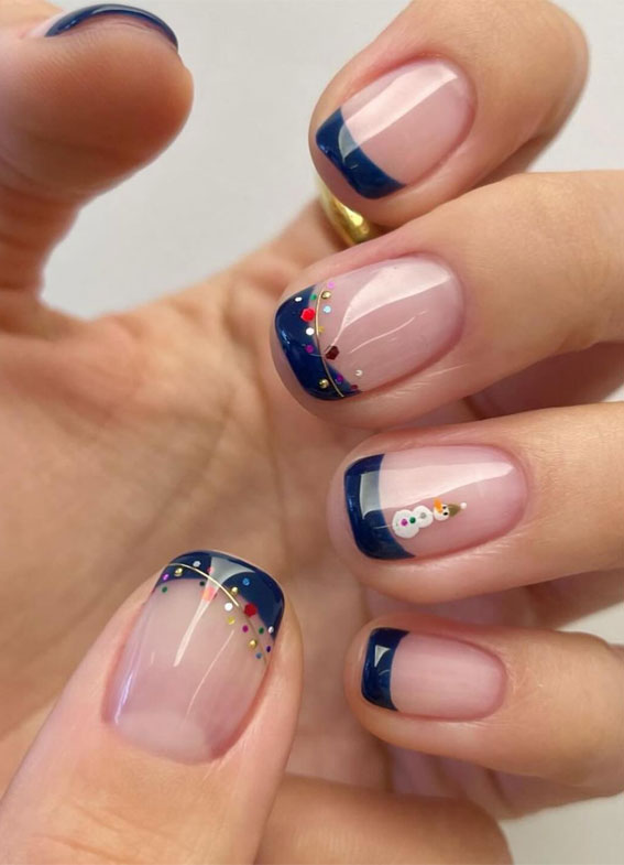Festive Flourishes in Nail Art : Navy Blue French Tips + Snowman