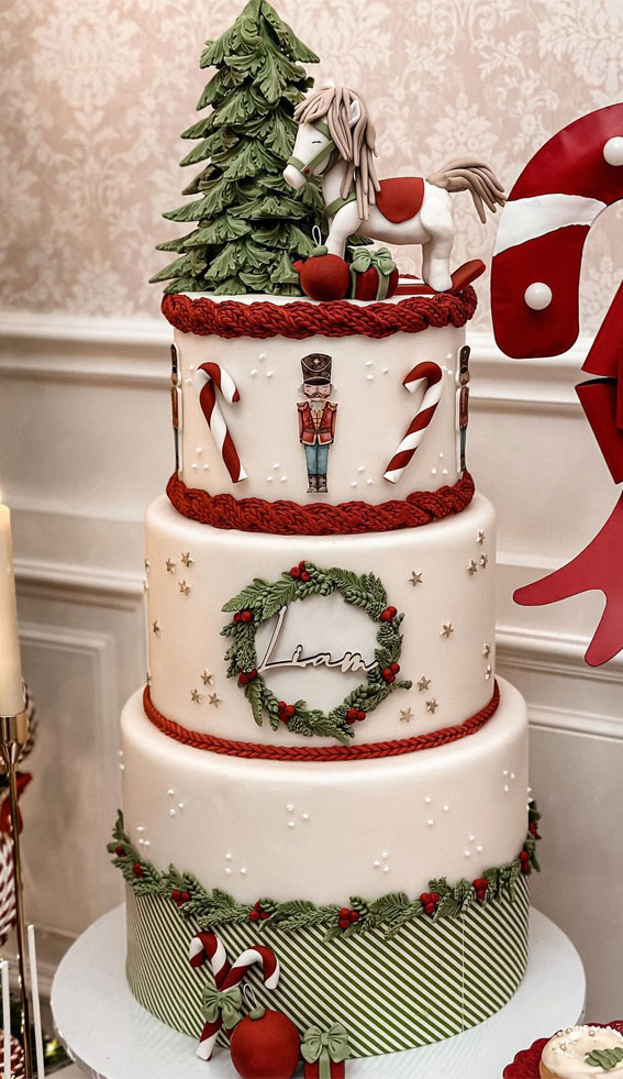 Festive Christmas Cake Delights to Sweeten Your Season : Three-Tiered Cake with Nutcracker, Horse & Wreath