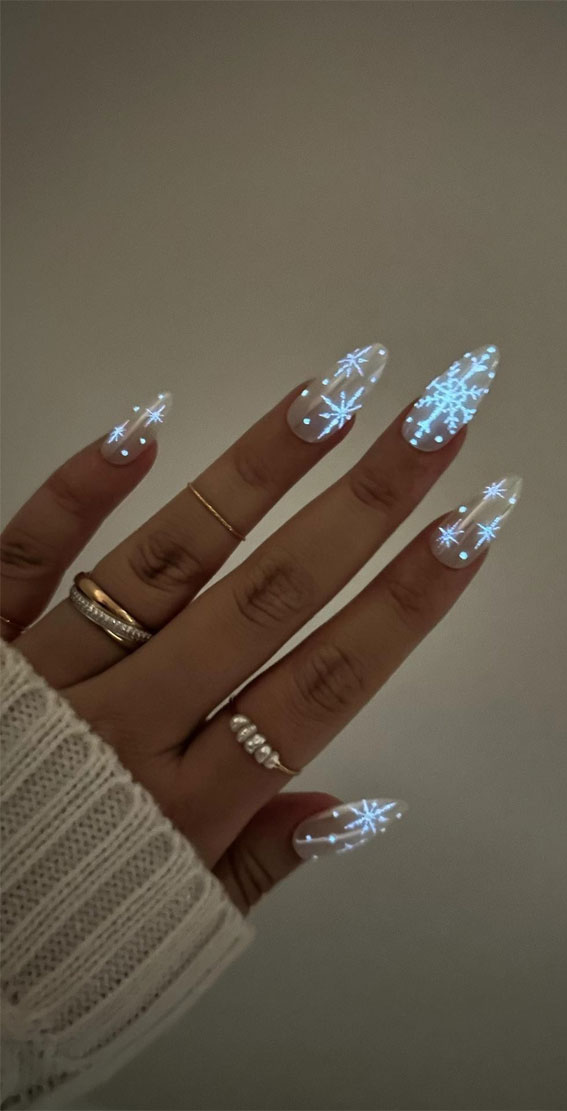 Glitter Nail Art Ideas for Glimmering Festivities : Snowflake Glow in Dark Nails