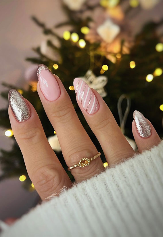 Glitter Nail Art Ideas for Glimmering Festivities : Candy Cane Subtle Glitter Nails