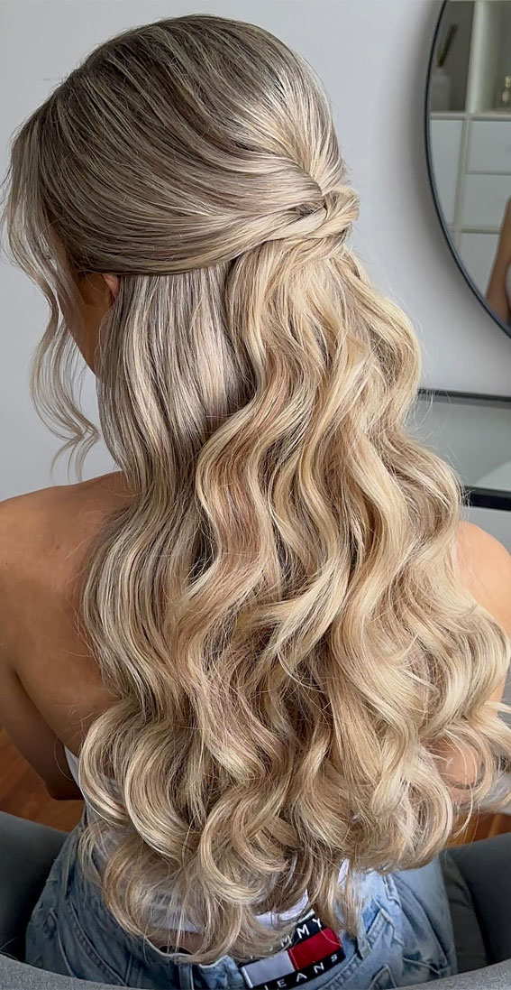 Half-Up Hairstyles That Stand the Test of Time : Honey Beach Blonde Half Up with Volume