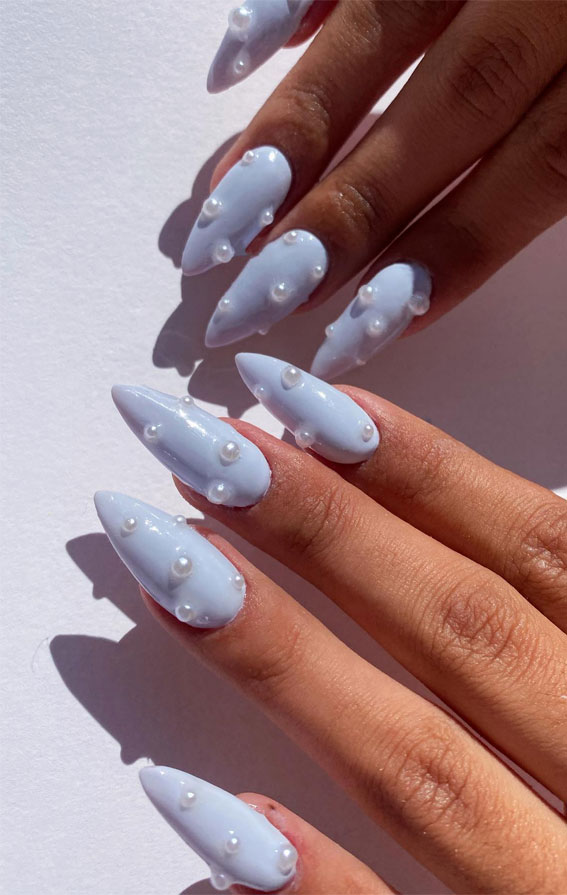 Simple Nail Ideas That’re Perfect for January : Light Blue Stiletto Nails with Pearls