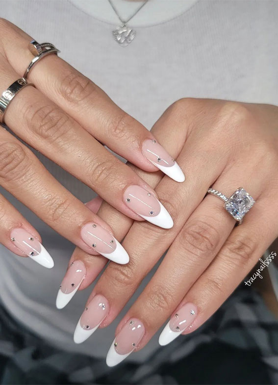 Simple Nail Ideas That’re Perfect For January : Classic French Tip White Rhinestones
