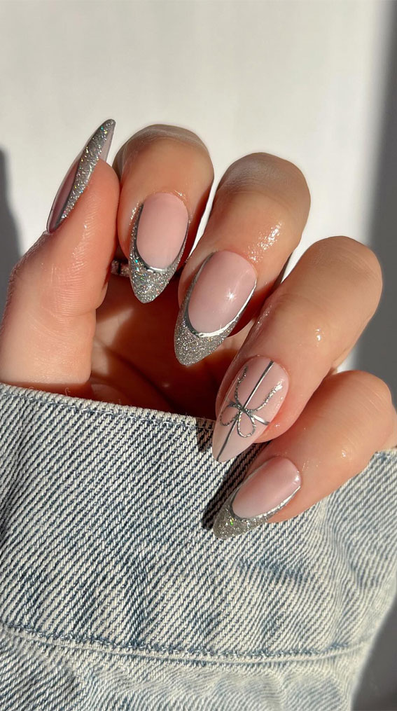 Glitter Nail Art Ideas For Glimmering Festivities : Silver Chrome & Reflective Double French Tips
