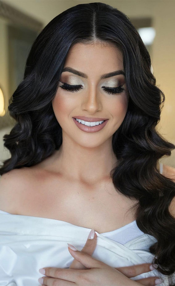 Ethereal Elegance 30 Special Occasion Makeup Inspirations : Silver Bronze Bridal Glam with Soft Waves