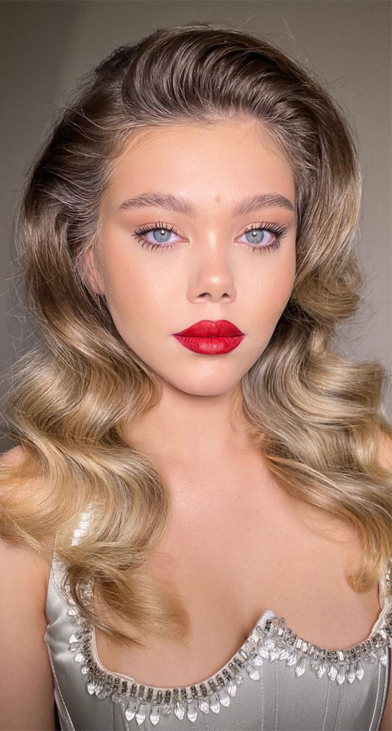 Ethereal Elegance 30 Special Occasion Makeup Inspirations : Soft Blue Eyes and Bold Red Lips