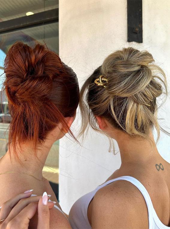 Elevate Your Look with Chic Hairstyling Ideas : Textured Buns for Copper & Dirty Blonde