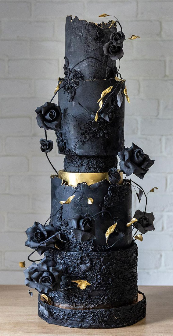 Elegant Bliss Wedding Cake Ideas : Black Textured Cake with Sugar Roses