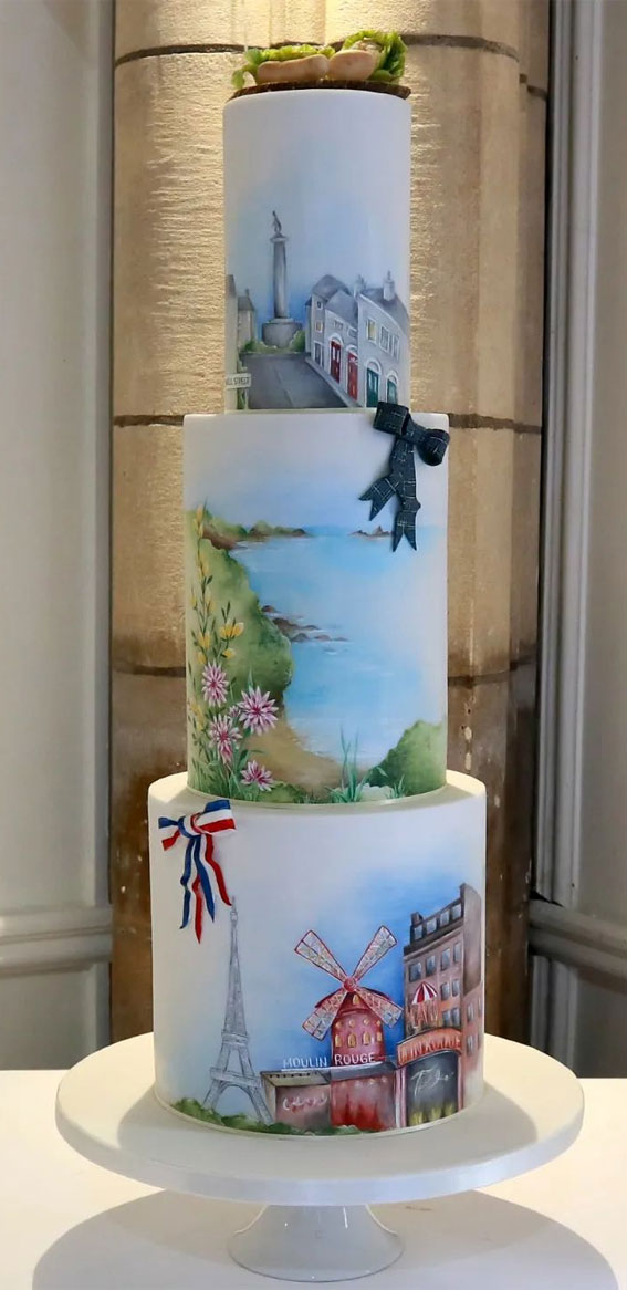 Elegant Bliss Wedding Cake Ideas : Love Story Illustrated Hand-Painted Wedding Cake