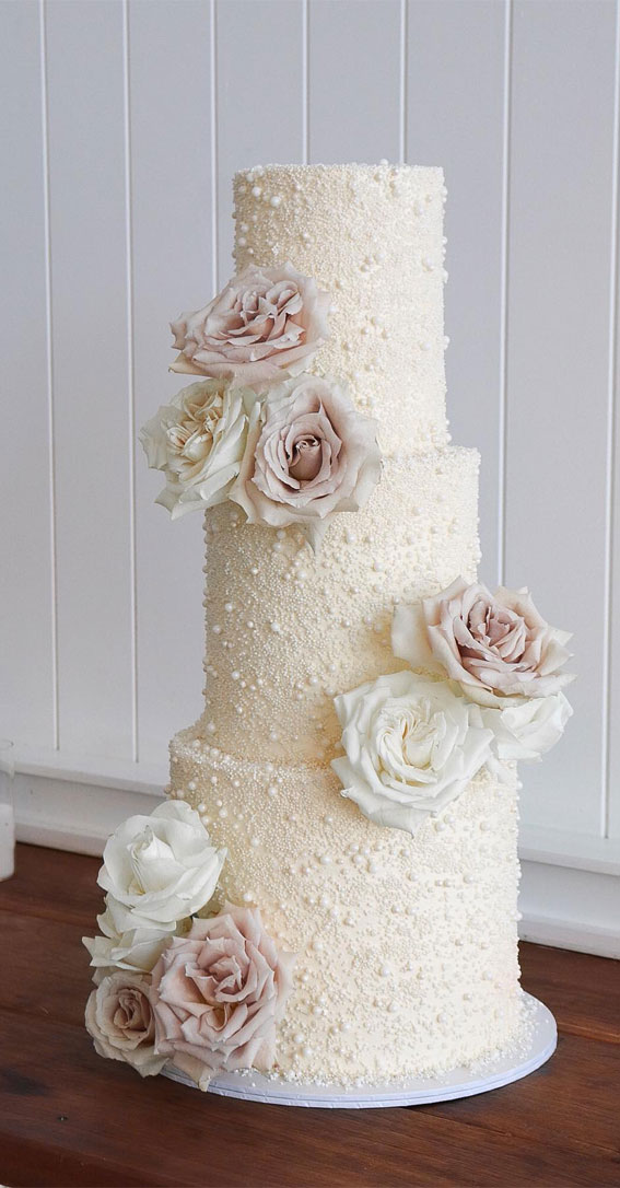 Elegant Bliss Wedding Cake Ideas : Pearl-Encrusted Three-Tier Wedding Cake