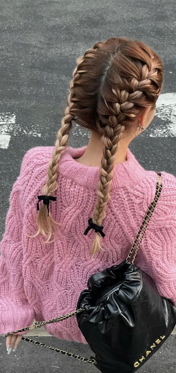 A Trendy Collection of Hairstyles Adorned with Chic Bows : French Braid Pigtails with Tiny Bows