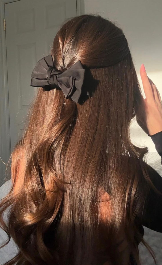 A Trendy Collection of Hairstyles Adorned with Chic Bows : Black Bow-Tied Half Up