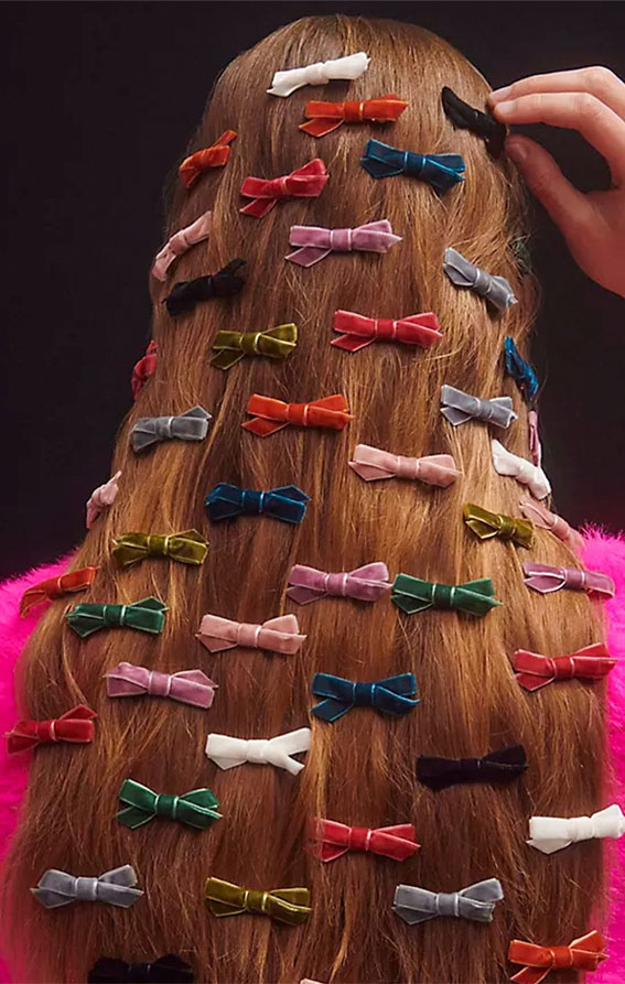 A Trendy Collection of Hairstyles Adorned with Chic Bows : Multi-Coloured Bows