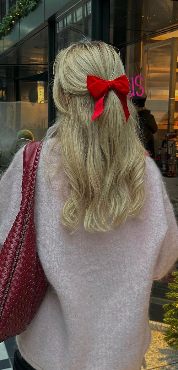 A Trendy Collection of Hairstyles Adorned with Chic Bows : Red Bow for Festive Season