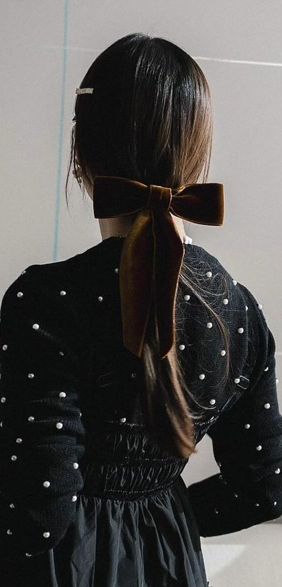 A Trendy Collection of Hairstyles Adorned with Chic Bows : Brown Velvet Bow Ponytail