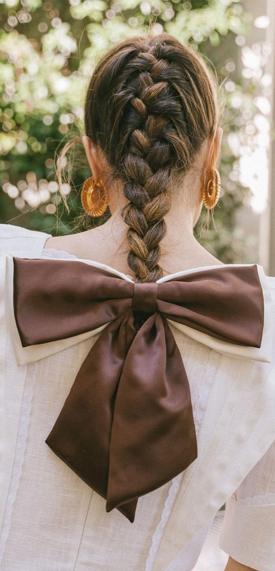 A Trendy Collection of Hairstyles Adorned with Chic Bows : Oversized White & Brown Bow Braid