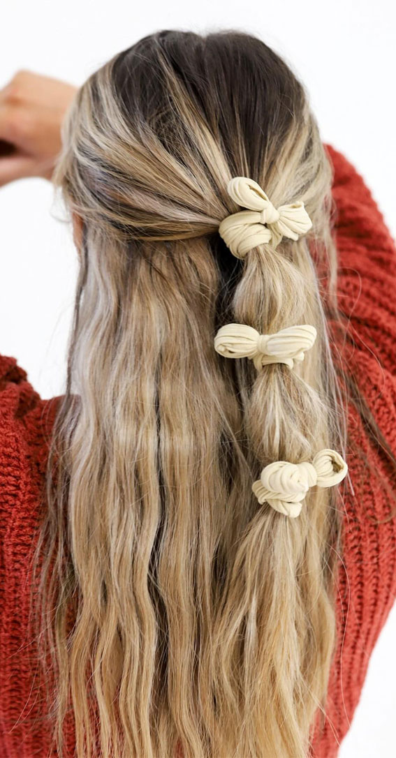 A Trendy Collection of Hairstyles Adorned with Chic Bows : Bubble Braid Half Up with Bows