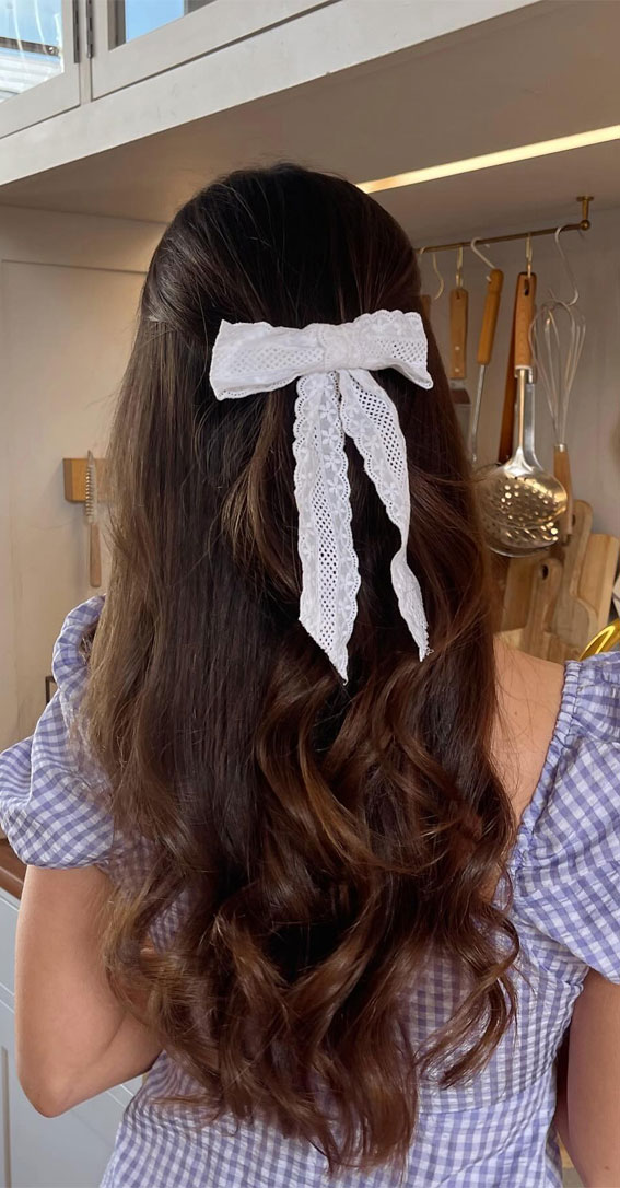 A Trendy Collection of Hairstyles Adorned with Chic Bows : White Lace Bow Matches Gingham Dress
