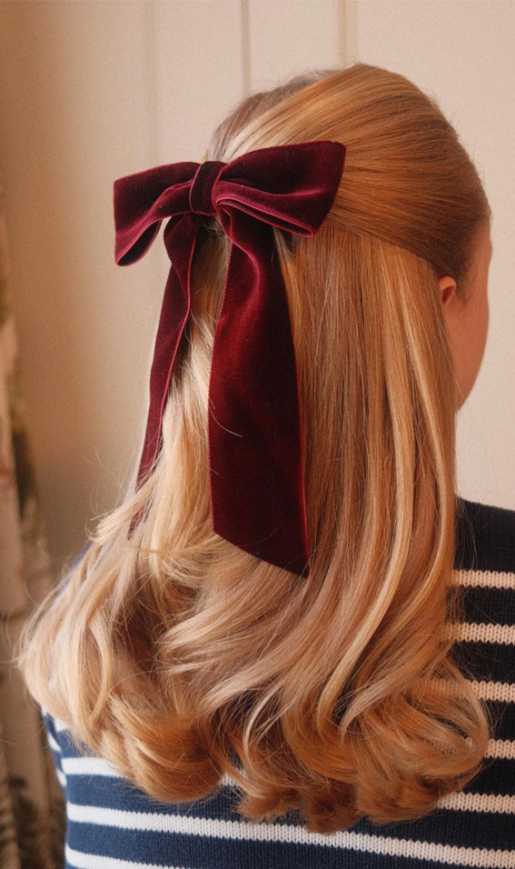 A Trendy Collection of Hairstyles Adorned with Chic Bows : Pretty Half Up with Red Velvet Bow