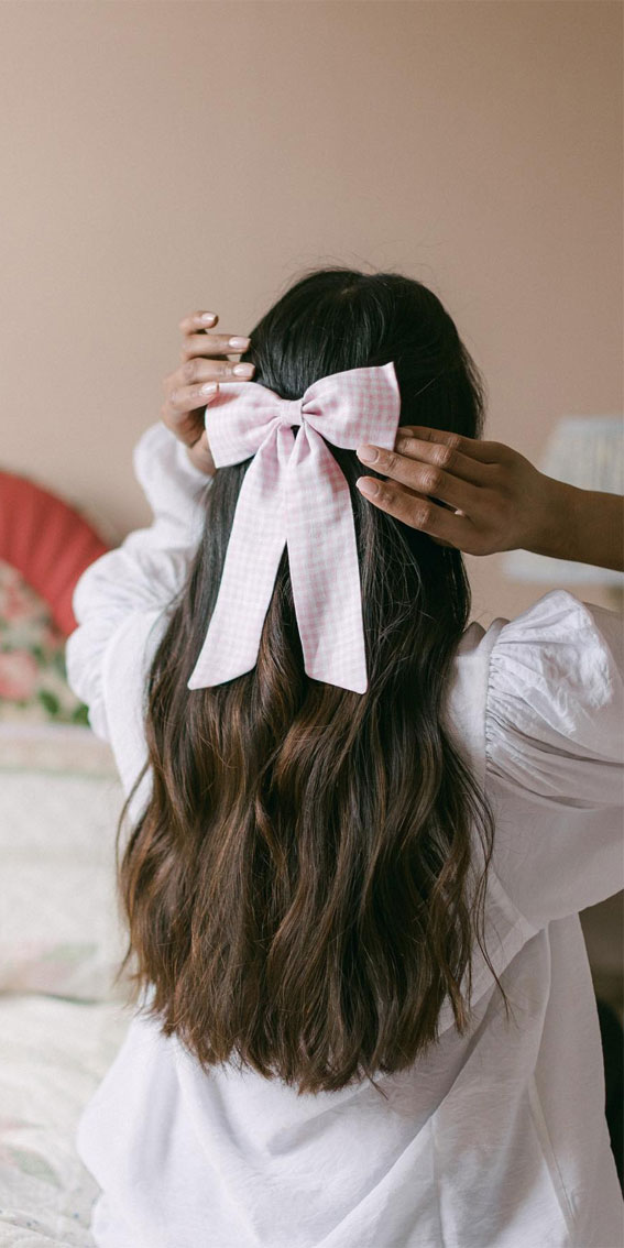 A Trendy Collection of Hairstyles Adorned with Chic Bows : Half Up with Pink Gingham Bow