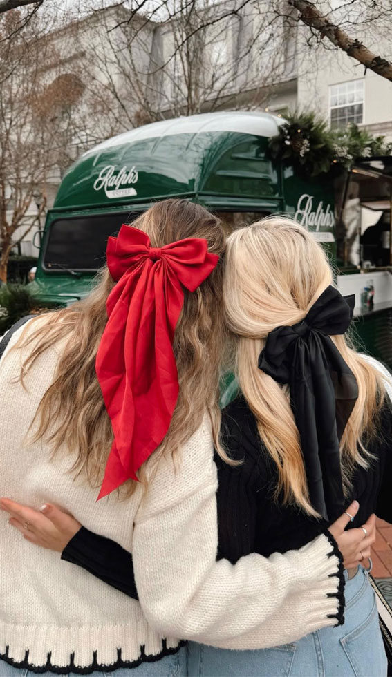 A Trendy Collection of Hairstyles Adorned with Chic Bows : Half Up with Black & Red Bows