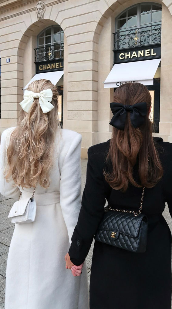 A Trendy Collection of Hairstyles Adorned with Chic Bows : Black & White Bows on Half Upstyles