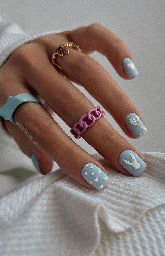 Valentine’s Day Nail Art Collection : Love Hearts Blue Short Nails
