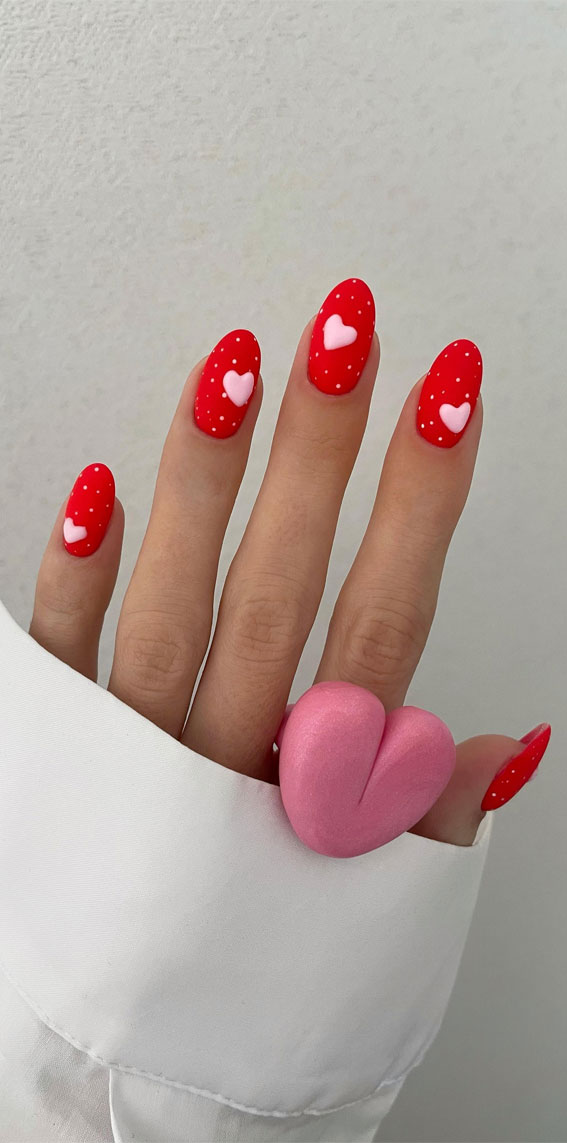 30+ Love-Inspired Nail Aesthetics : Pink Heart Matte Red Nails