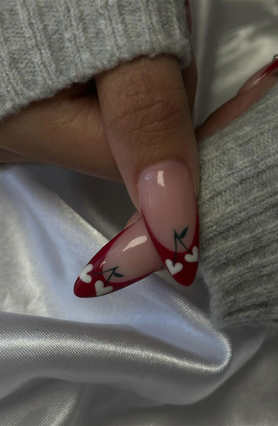 Valentine’s Day Nail Art Collection : Love Heart Cherry-Inspired Red Tip Nails