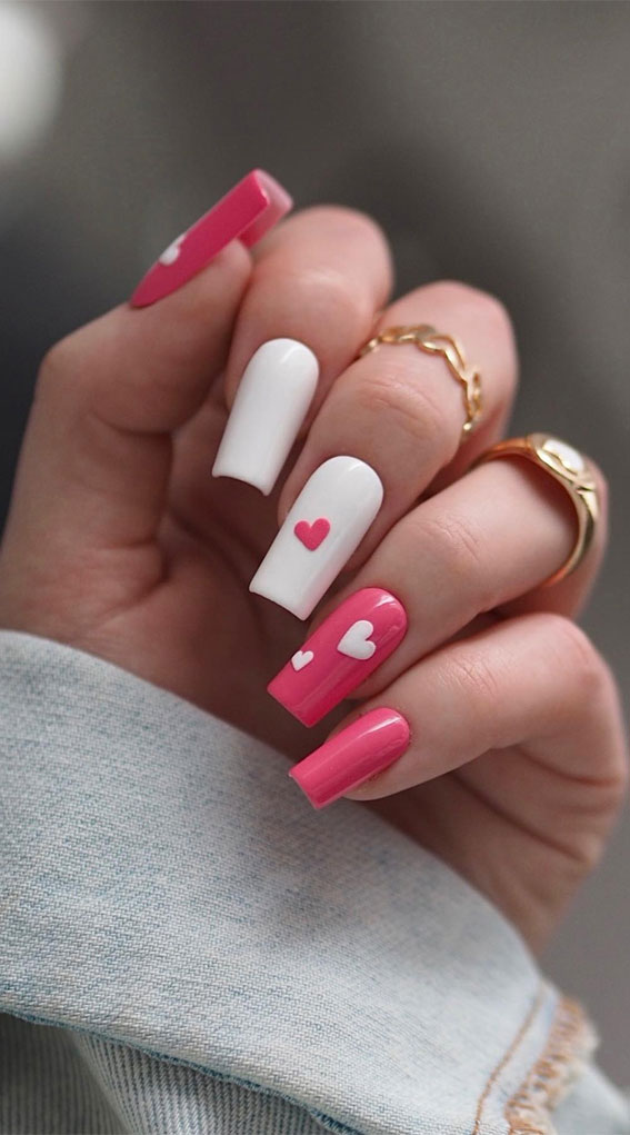 Valentine’s Day Nail Art Collection : White and Pink Simple Nails