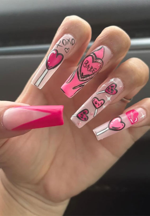 Valentine’s Day Nail Art Collection : Playful Heart Lollipop Nails