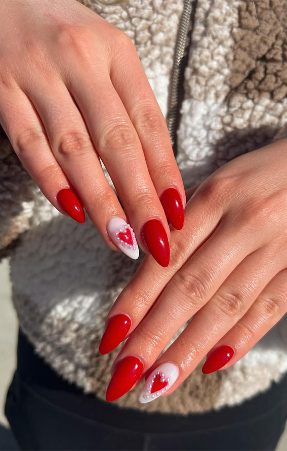 30+ Love-Inspired Nail Aesthetics : Pearl Heart Red Nails