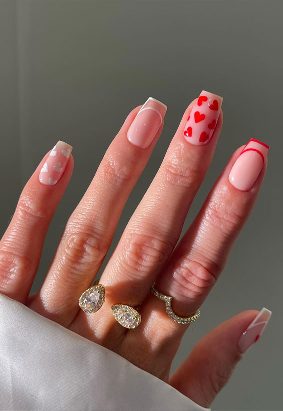 30+ Love-Inspired Nail Aesthetics : Double French Red & White Nails