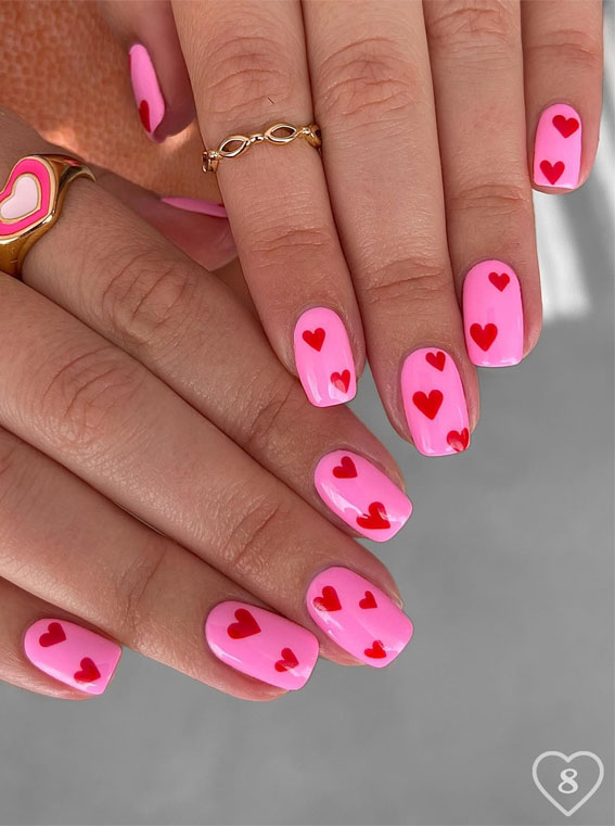 30+ Love-Inspired Nail Aesthetics : Red Hearts on Barbie Pink Nails