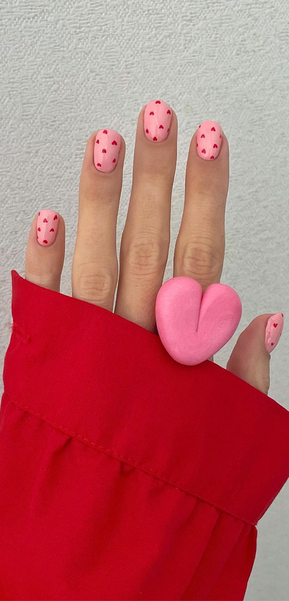 30+ Love-Inspired Nail Aesthetics : Red Heart on Pink Base Nails