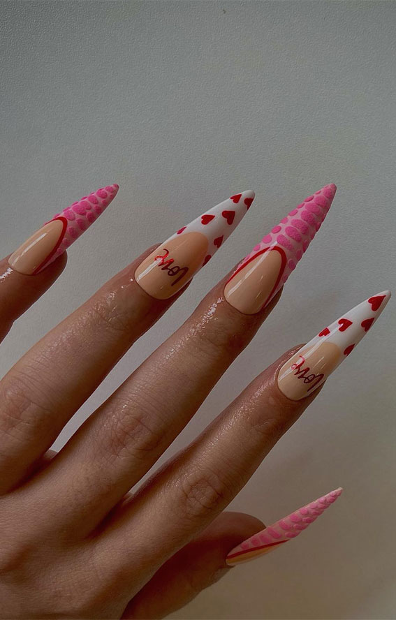 Valentine’s Day Nail Art Collection : Pink Croc & Love Heart Tip Stiletto Nails
