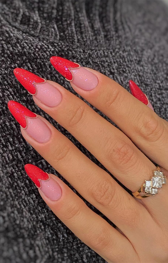 Valentine’s Day Nail Art Collection : Red Heart Tips Nails with Rhinestones