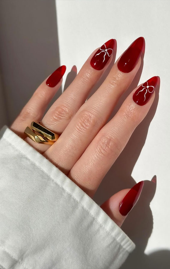 Valentine’s Day Nail Art Collection : Red Jelly Nails with White Bow