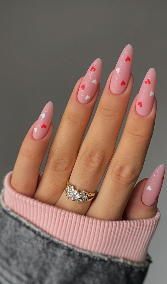 Valentine’s Day Nail Art Collection : Subtle Shimmery Matte Nails with Red & White Heart