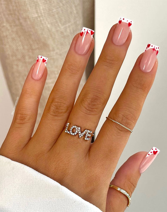 Valentine’s Day Nail Art Collection : White French Tips with Sparkles + Red Dots & Hearts
