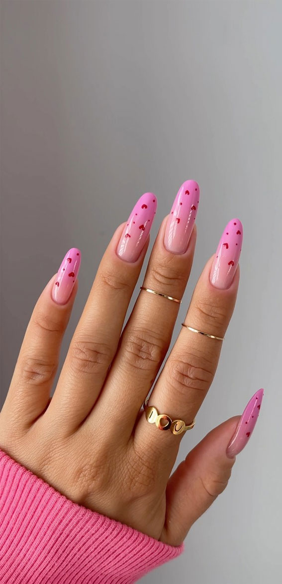 Valentine’s Day Nail Art Collection : Pink Ombre Nails with Tiny Hearts