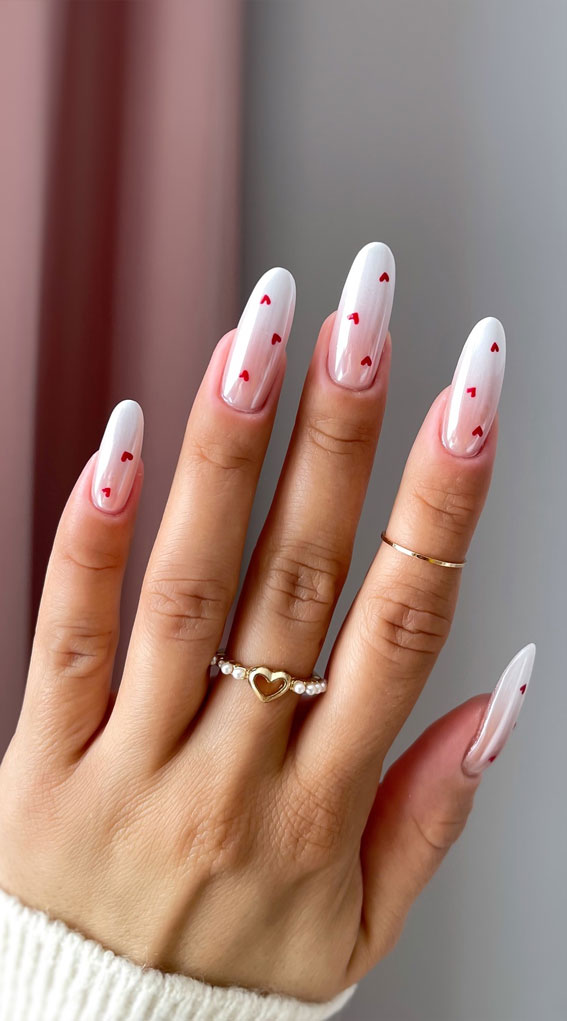 Valentine’s Day Nail Art Collection : Ombre Chrome Subtle Nails with Red Hearts