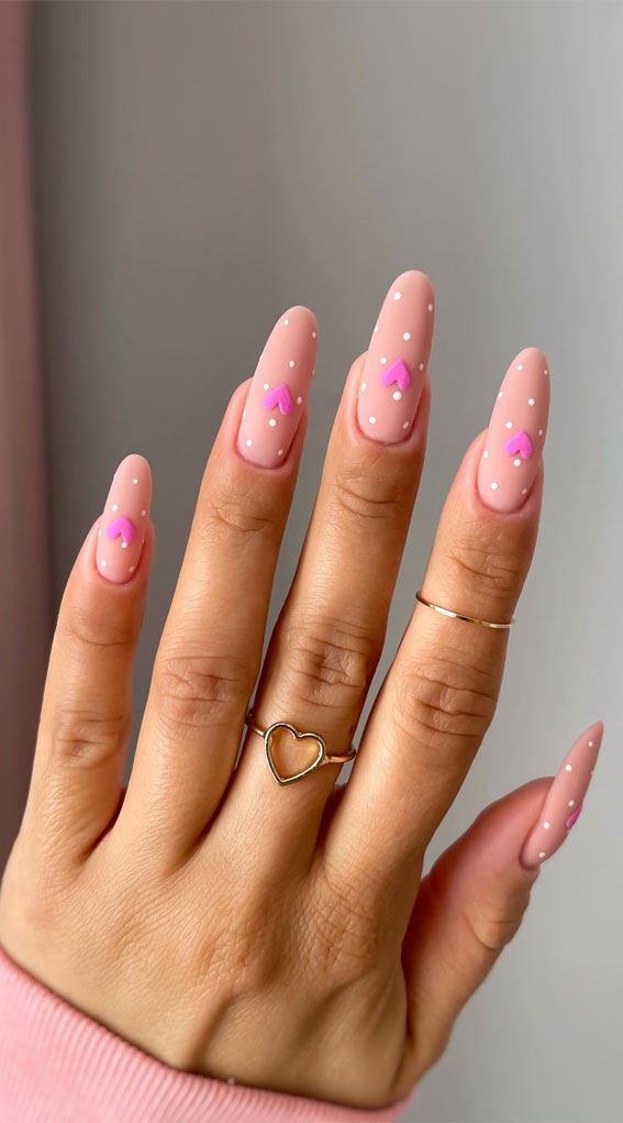 Valentine’s Day Nail Art Collection : Nude Matte with White Dots and Pink Heart