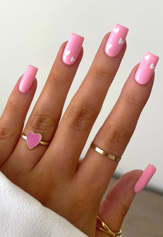 Valentine’s Day Nail Art Collection : Minimal Pink Nails with Love Hearts